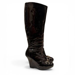 Gucci Horsebit Patent Wedge Knee-High Boots in Black US 9.5